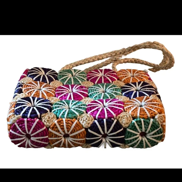 Colorful Patchwork Straw Tote Bag Vibrant Multicolor Summer Vibes - Picture 6 of 11